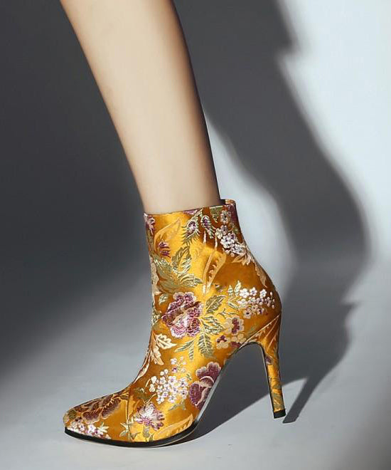 Yellow Embroidered Zippered Silk Velour High Heel Ankle Boots