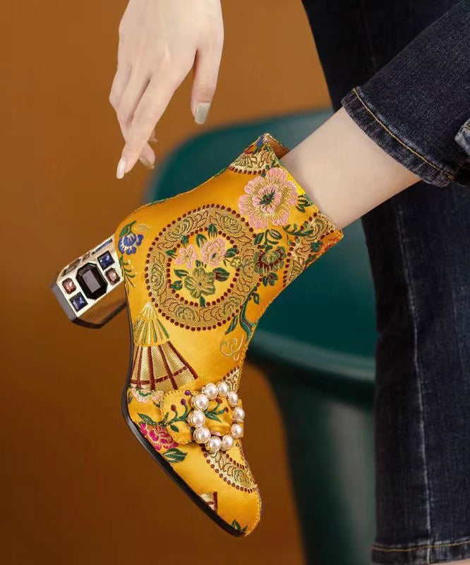 Yellow Embroidered Zircon Satin Chunky Ankle Boots