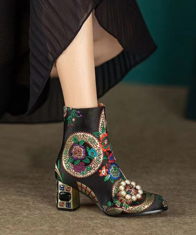 Yellow Embroidered Zircon Satin Chunky Ankle Boots