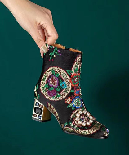 Yellow Embroidered Zircon Satin Chunky Ankle Boots