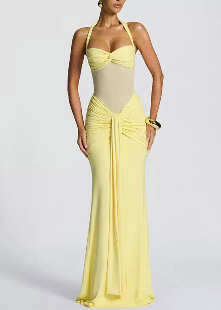 Yellow Halter Tulle Patchwork Flattering Long Dress Summer