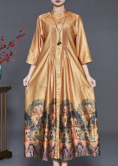 Yellow Hollow Out Print Wrinkled Silk Shirt Dresses Summer