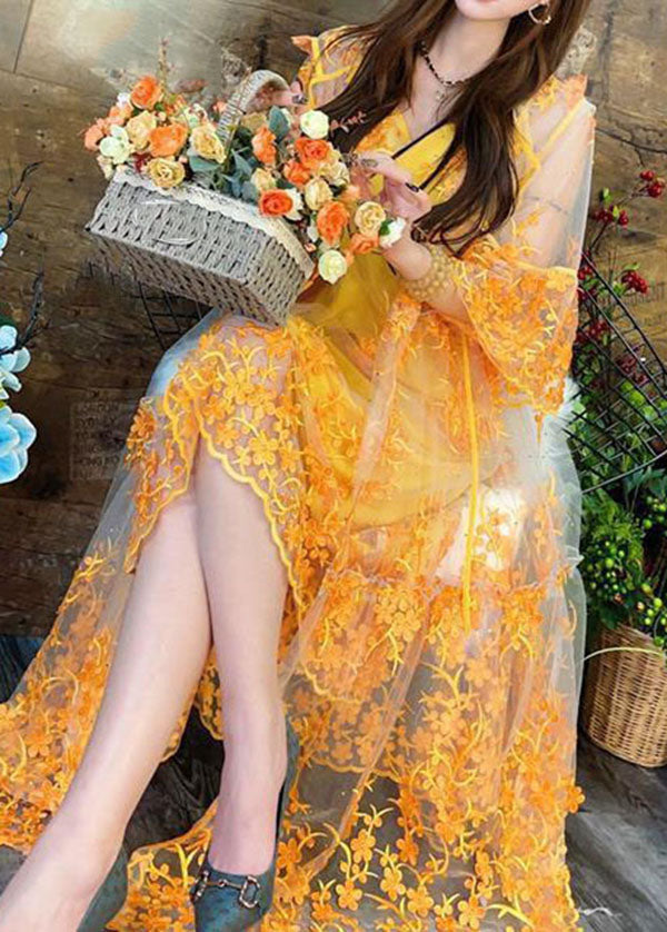 Yellow Hooded Embroidered Patchwork Tulle Two Pieces Set Summer