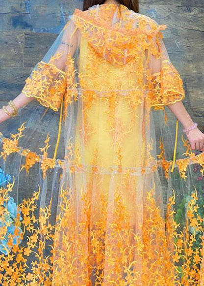 Yellow Hooded Embroidered Patchwork Tulle Two Pieces Set Summer