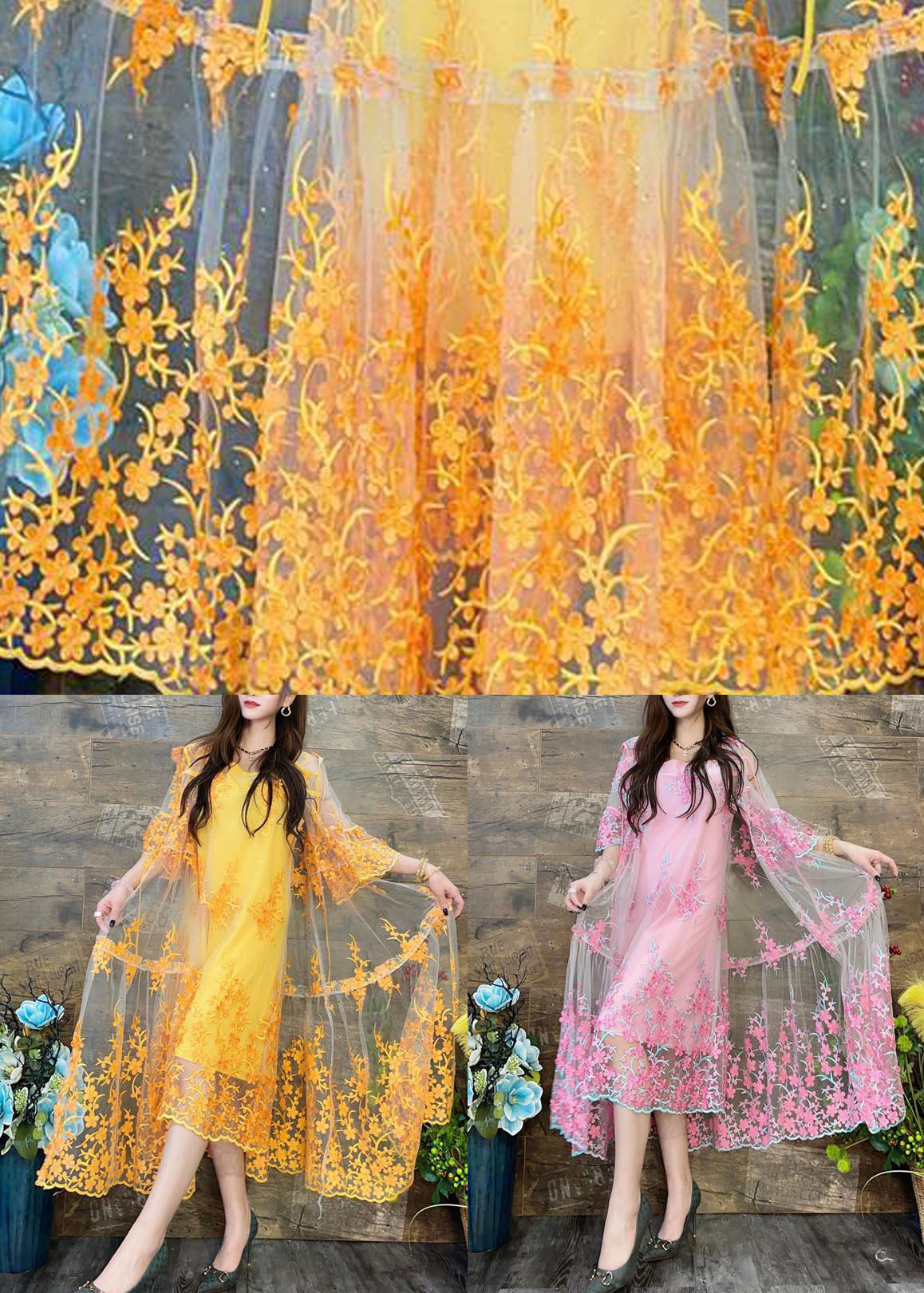 Yellow Hooded Embroidered Patchwork Tulle Two Pieces Set Summer
