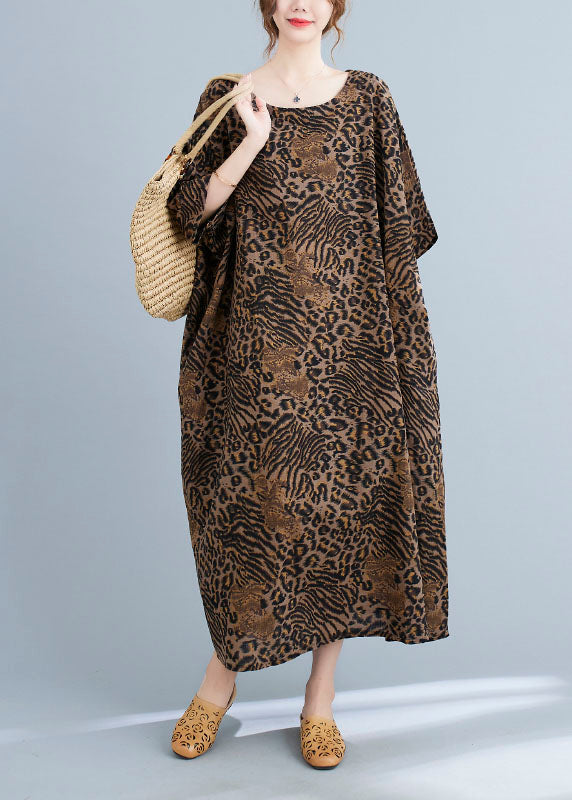 Yellow Leopard Pockets Print Cotton Loose Dresses Half Sleeve