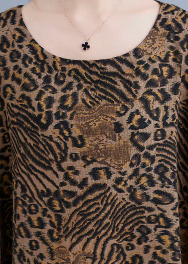 Yellow Leopard Pockets Print Cotton Loose Dresses Half Sleeve