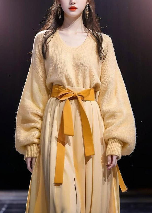Yellow O-neck Bow Cotton Knit Sweater and Maxi Skirts Two Pieces Set Long Sleeve