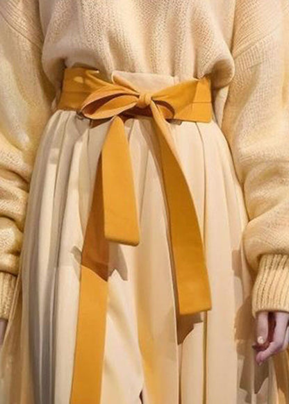 Yellow O-neck Bow Cotton Knit Sweater and Maxi Skirts Two Pieces Set Long Sleeve