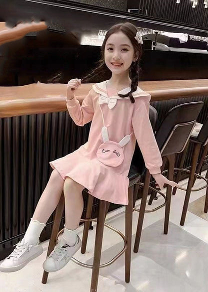 Yellow O-neck Patchwork a Line Mid Dress Long Sleeve