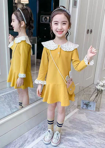 Yellow O-neck Patchwork a Line Mid Dress Long Sleeve