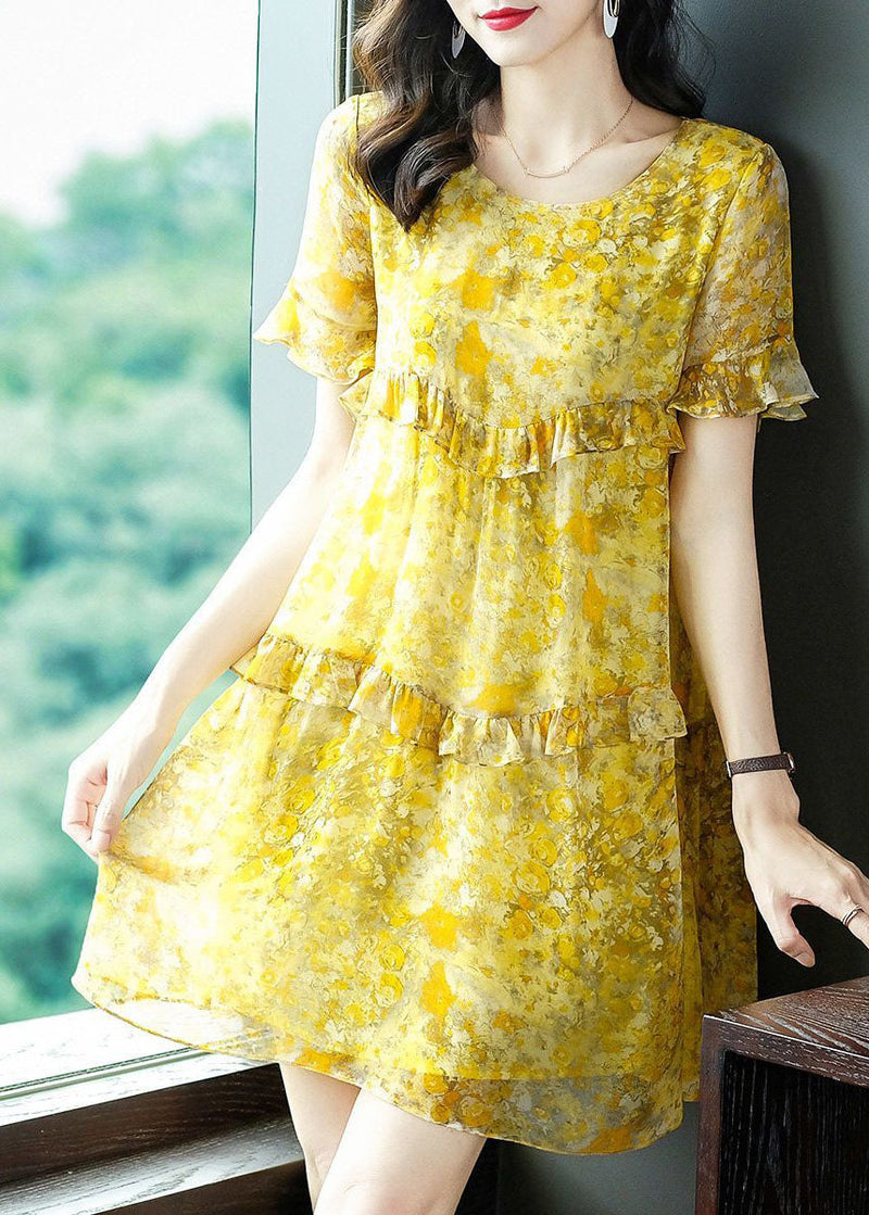Yellow O-neck Patchwork Ruffles Print Chiffon Holiday Dress Summer