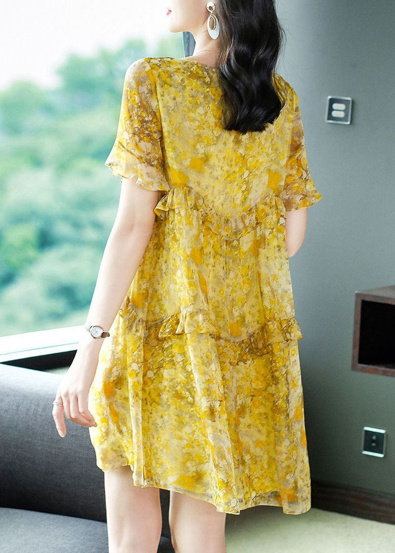 Yellow O-neck Patchwork Ruffles Print Chiffon Holiday Dress Summer