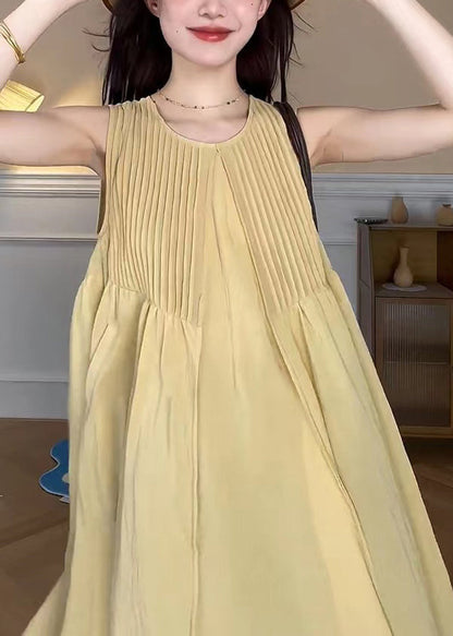 Yellow O Neck Pockets Cotton Long Dress Sleeveless