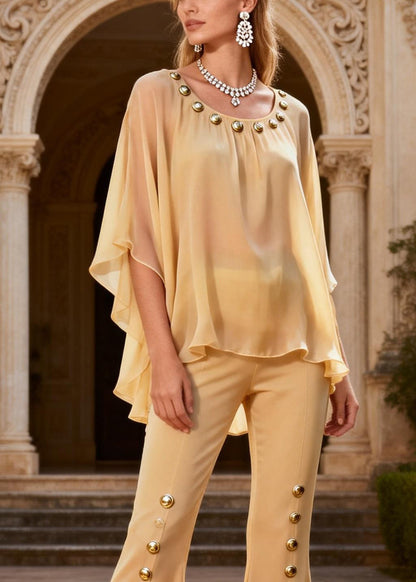 Yellow O-neck Rivet Chiffon Top and Flared Trousers Two Piece Set Flare Sleeve