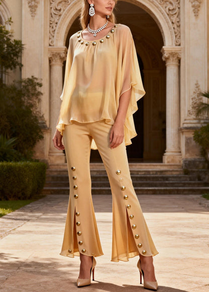 Yellow O-neck Rivet Chiffon Top and Flared Trousers Two Piece Set Flare Sleeve
