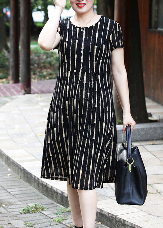 Yellow O-neck Striped Long Dress Short Sleeve
