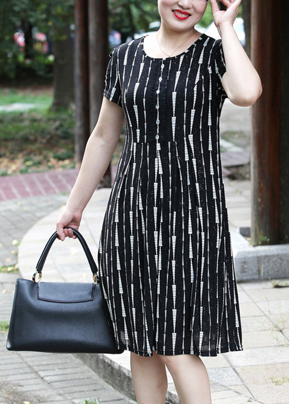 Yellow O-neck Striped Long Dress Short Sleeve