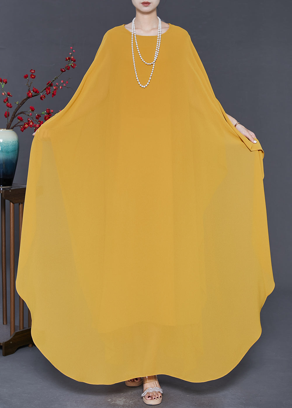 Yellow Oversized Chiffon Party Dress Batwing Sleeve