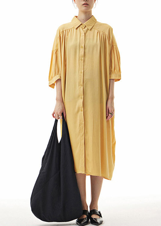 Yellow Peter Pan Collar Button Holiday Long Shirts Dress Summer