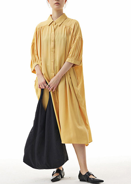 Yellow Peter Pan Collar Button Holiday Long Shirts Dress Summer