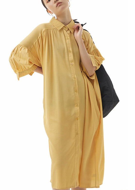 Yellow Peter Pan Collar Button Holiday Long Shirts Dress Summer
