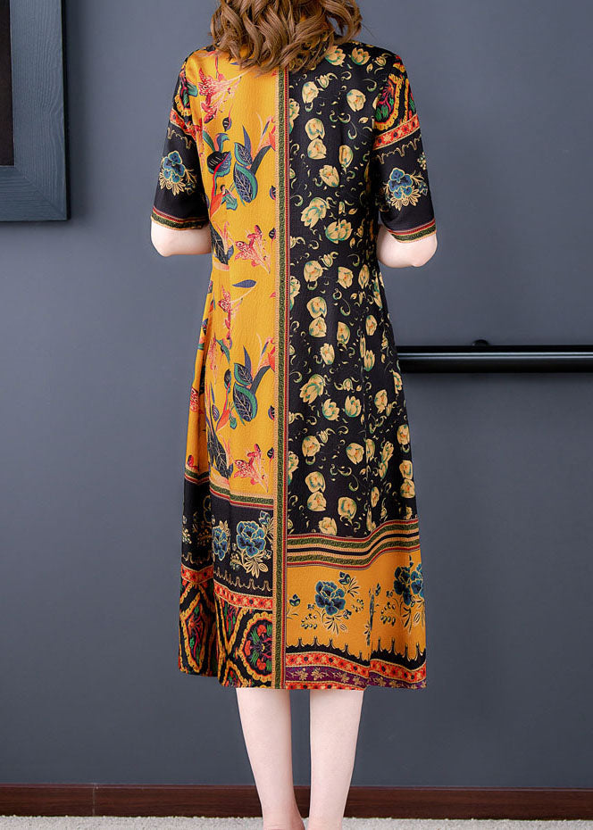 Yellow Peter Pan Collar Print Silk Shirt Dress for Short Sleeve