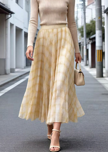 Yellow Plaid Wrinkled Tulle Skirt Summer