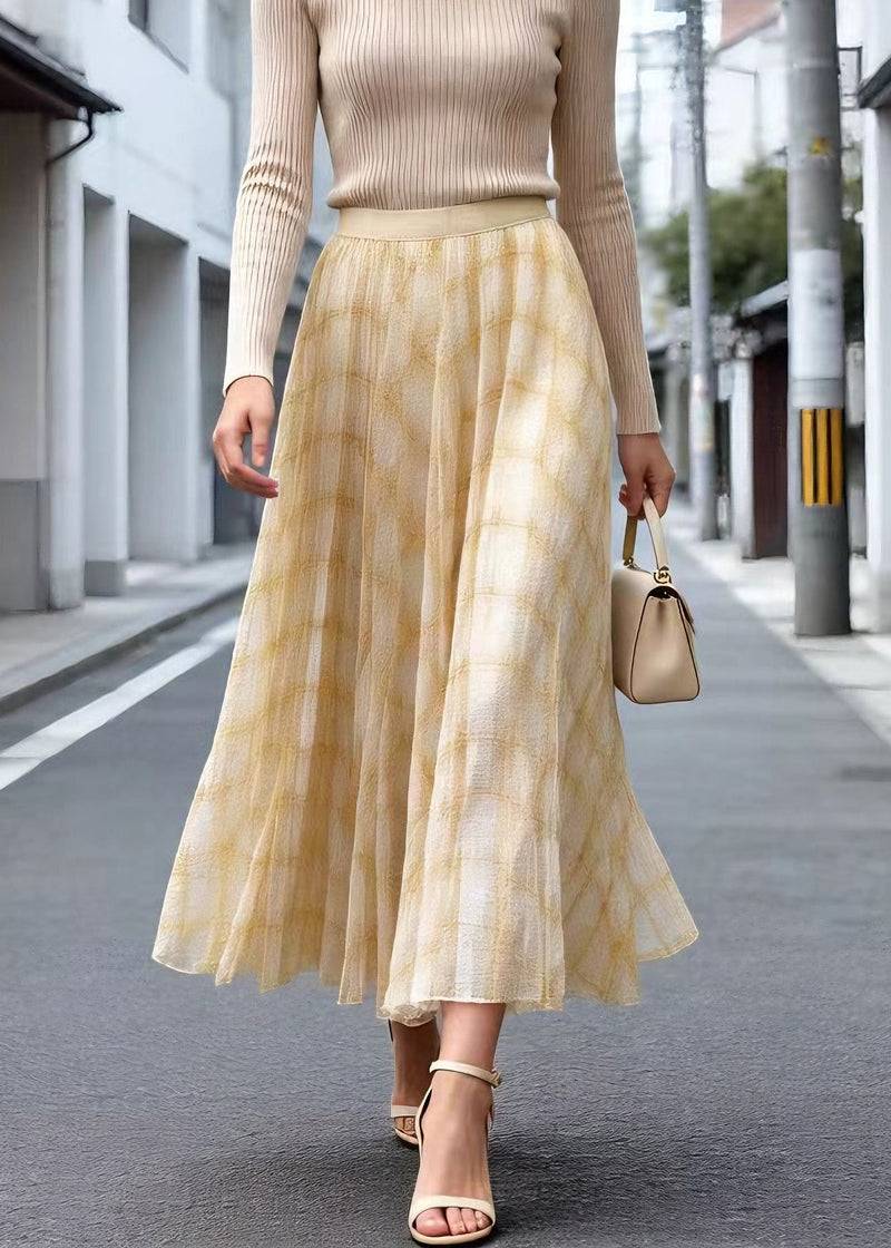 Yellow Plaid Wrinkled Tulle Skirt Summer