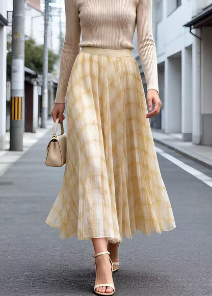 Yellow Plaid Wrinkled Tulle Skirt Summer