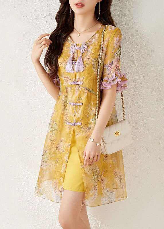Yellow Print Chinese Button Tassel Silk Mid Dresses Summer