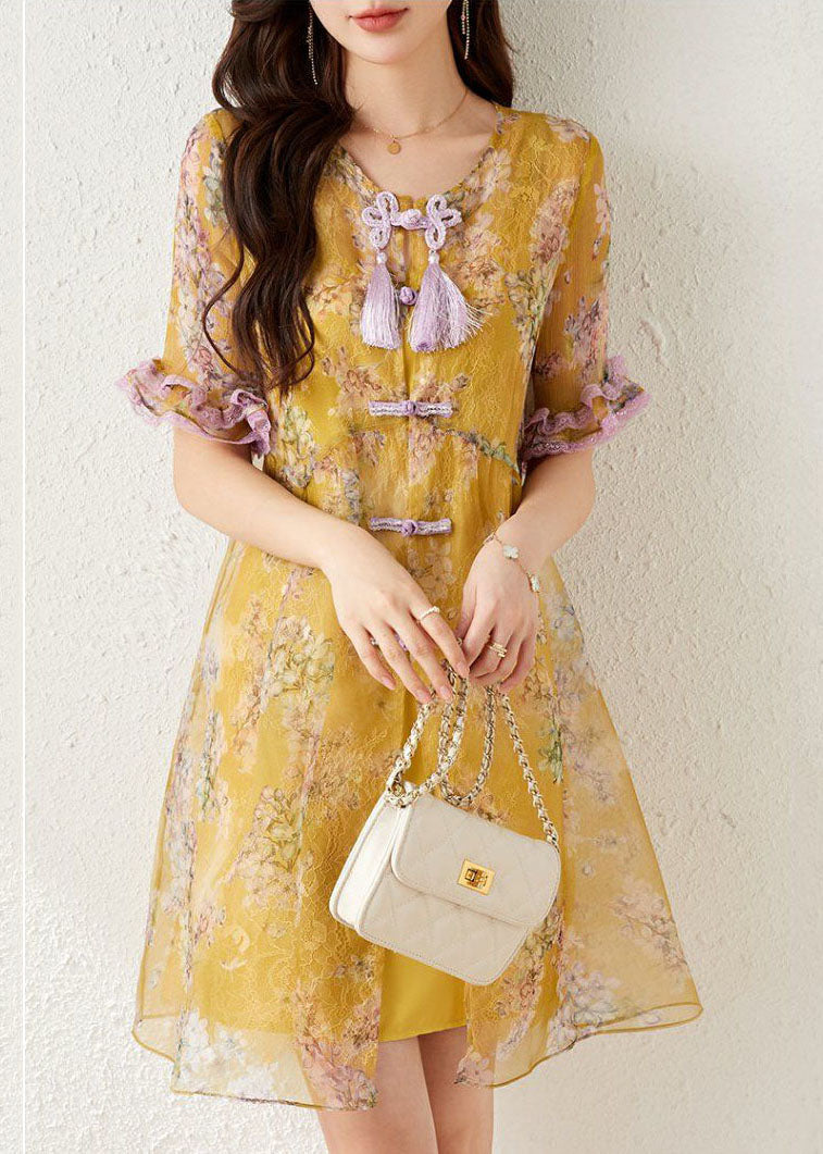 Yellow Print Chinese Button Tassel Silk Mid Dresses Summer