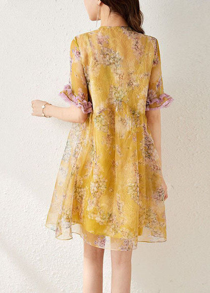 Yellow Print Chinese Button Tassel Silk Mid Dresses Summer