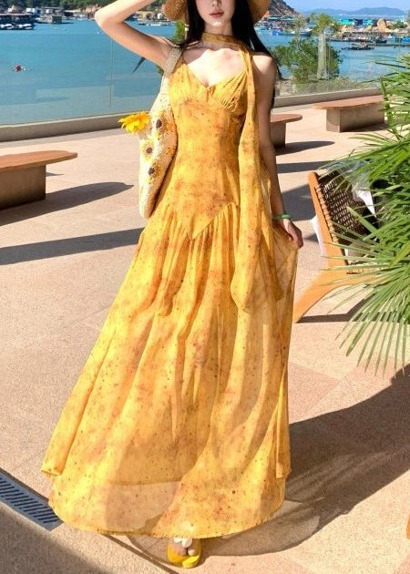 Yellow Print Exra Large Hem Cotton Vacation Dress Summer