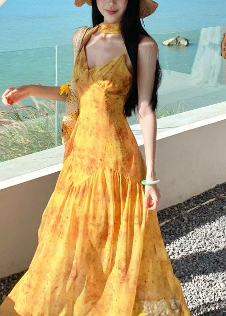 Yellow Print Exra Large Hem Cotton Vacation Dress Summer