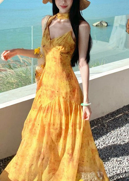 Yellow Print Exra Large Hem Cotton Vacation Dress Summer