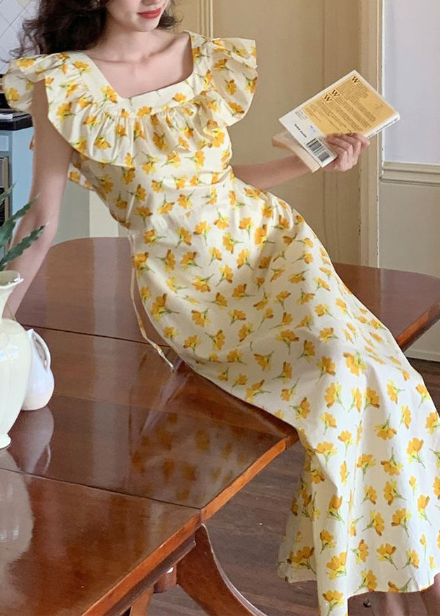 Yellow Ruffled Print Cotton Long Dress Sleeveless