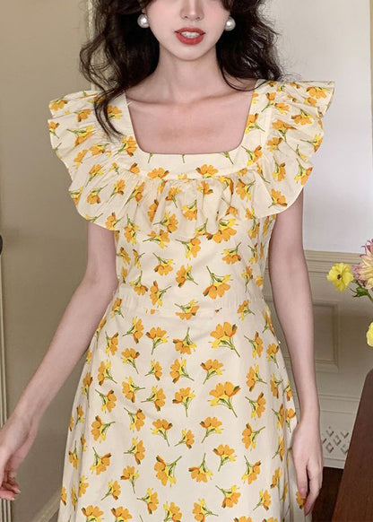Yellow Ruffled Print Cotton Long Dress Sleeveless