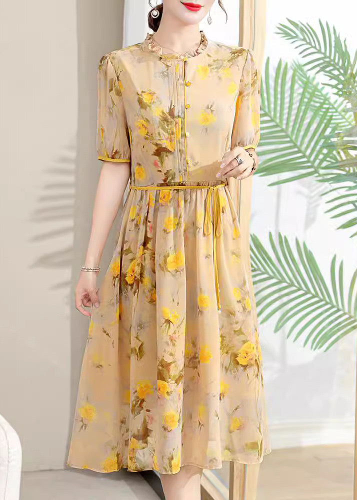 Yellow Ruffled Print Lace Up Chiffon Dresses Summer
