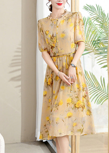 Yellow Ruffled Print Lace Up Chiffon Dresses Summer