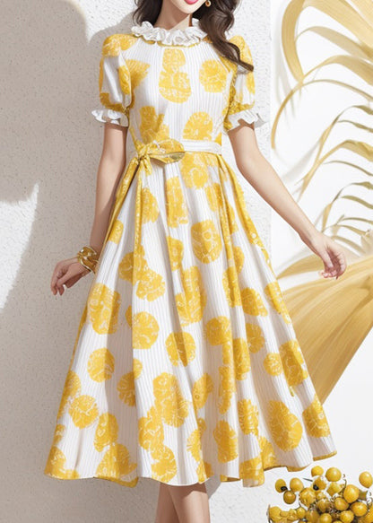 Yellow Ruffled Print Tie Waist Silk Dress Summer