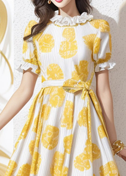 Yellow Ruffled Print Tie Waist Silk Dress Summer