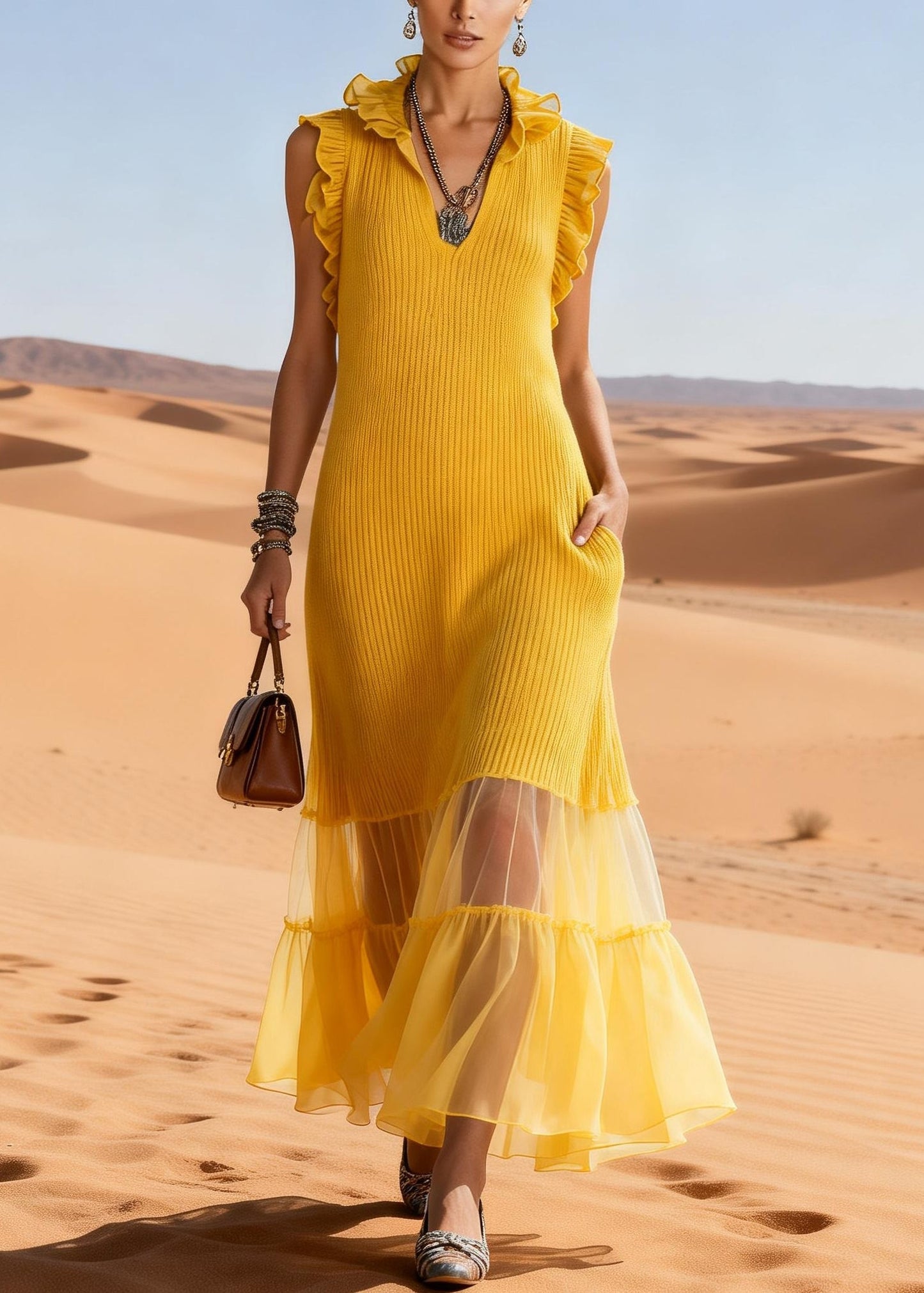 Yellow Ruffled Tulle Patchwork Knit Long Sweater Dress Sleeveless