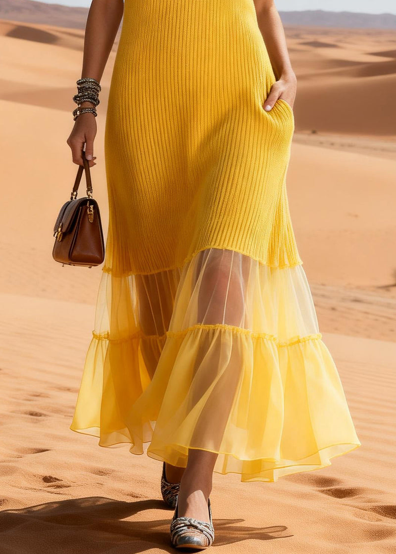 Yellow Ruffled Tulle Patchwork Knit Long Sweater Dress Sleeveless