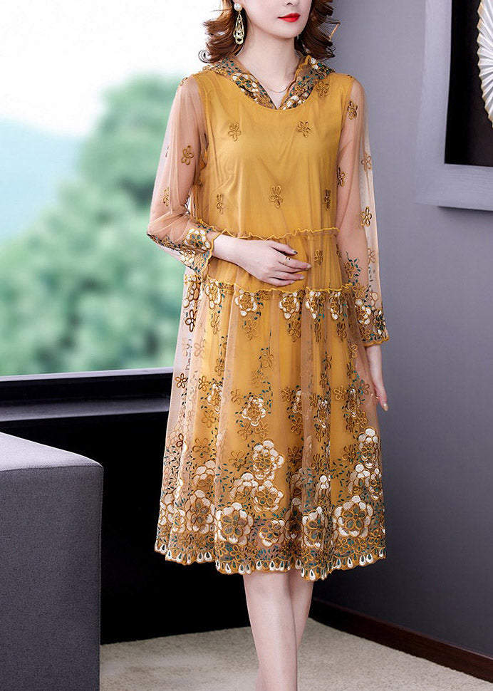 Yellow Ruffled Tulle Vacation Hooded Tulle Long Dresses Spring