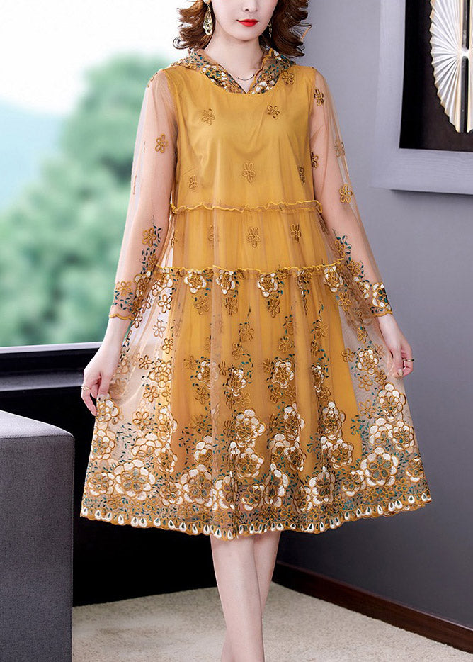 Yellow Ruffled Tulle Vacation Hooded Tulle Long Dresses Spring