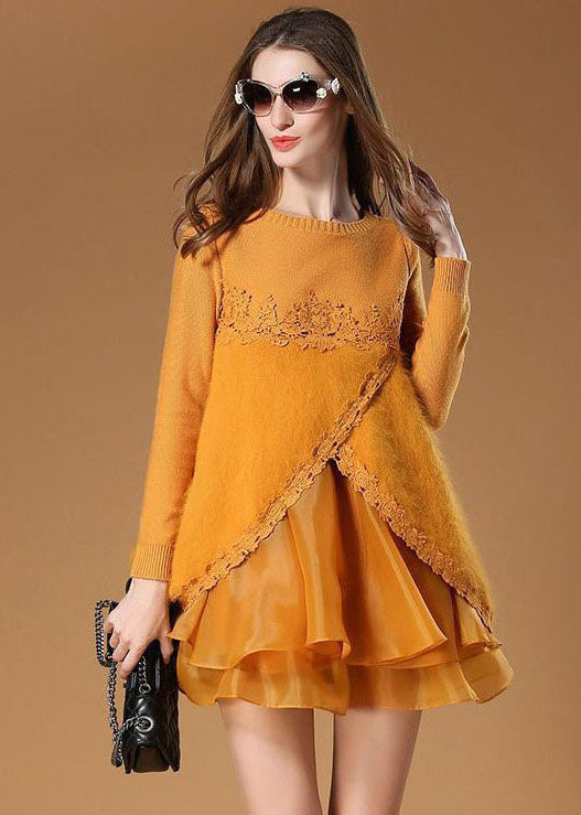 Yellow Side Open Organza Patchwork Fuzzy Fur Fluffy Mini Dresses Spring