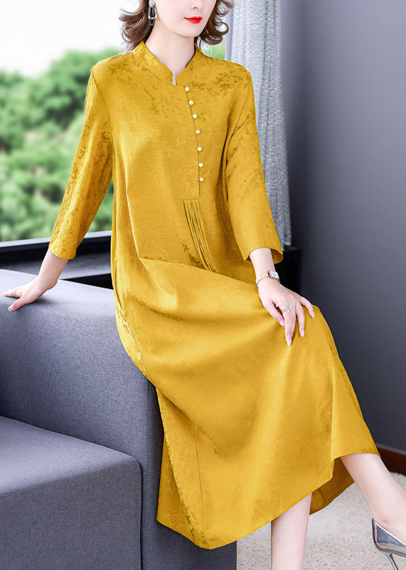 Yellow Stand Collar Tassel Button Silk Long Dresses Long Sleeve