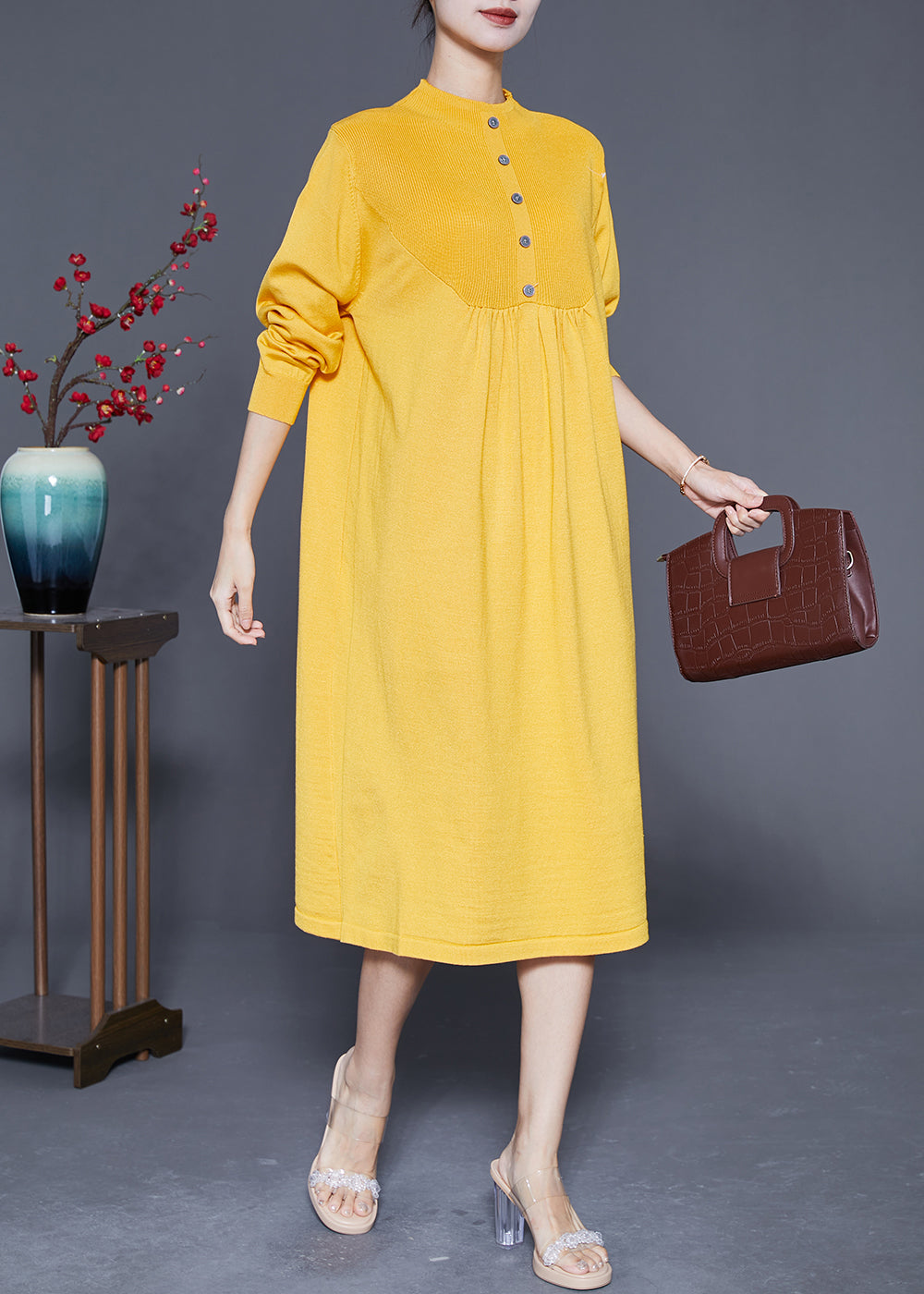Yellow Stand Collar Wrinkled Knit Long Dress Spring