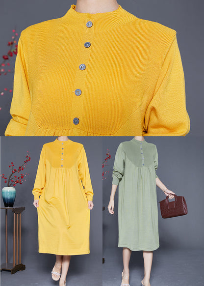 Yellow Stand Collar Wrinkled Knit Long Dress Spring